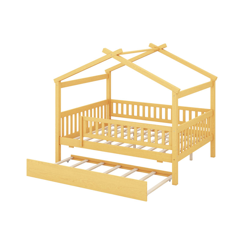 Wooden House Bed With Trundle, Wood House-Shaped Bed Frame With Roof And Safety, Natural, Full