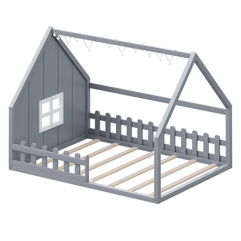 Gray Full Size Wood House Bed - Solid Pine & Structure, Fence Window, Led , No Box Spring For A Shining Bedroom In Construction With , Radiant
