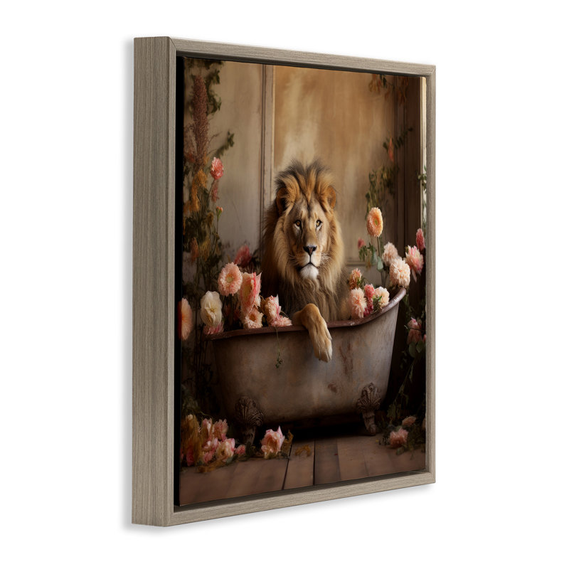 Lion dans une baignoire remplie de fleurs, Cadre flottant orme Montalcino, H 25 po x l 25 po