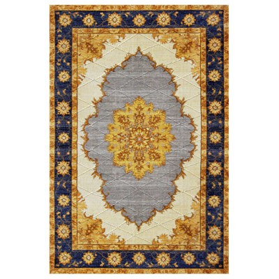 Girvin Yellow Oriental Machine Printed Cotton Polyester Area Rug