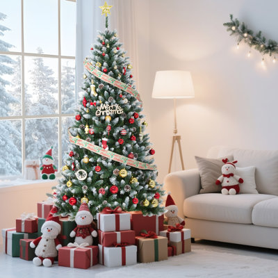 Arbre de Noël artificiel enneigé 9 pi avec lumières DEL, pommes de pin et branches réalistes denses