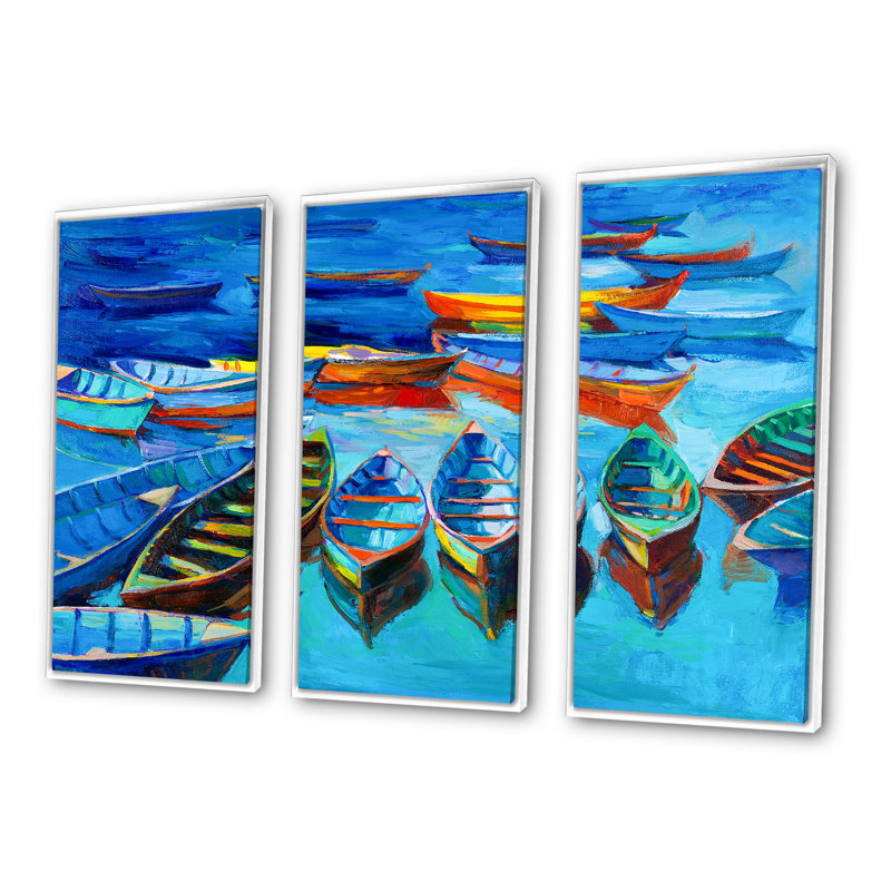 «Little Boat Wating In The Harborr», peinture sur toile 3 pièces, H 32 po x l 48 po, Blanc