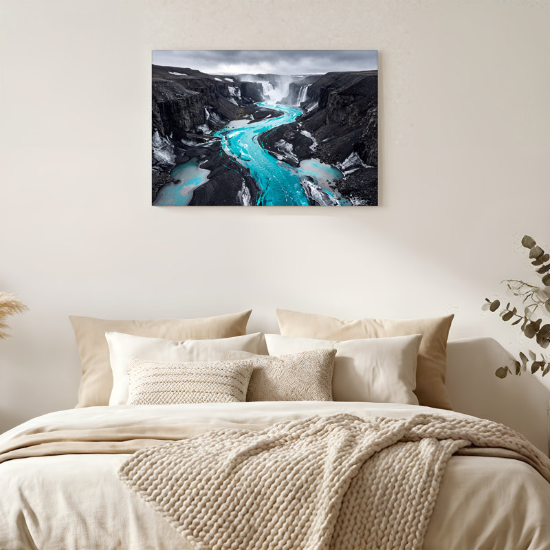 «Turquoise River Through Dark Rocky Canyon And Waterfalls», art mural, 16"H x 24"W