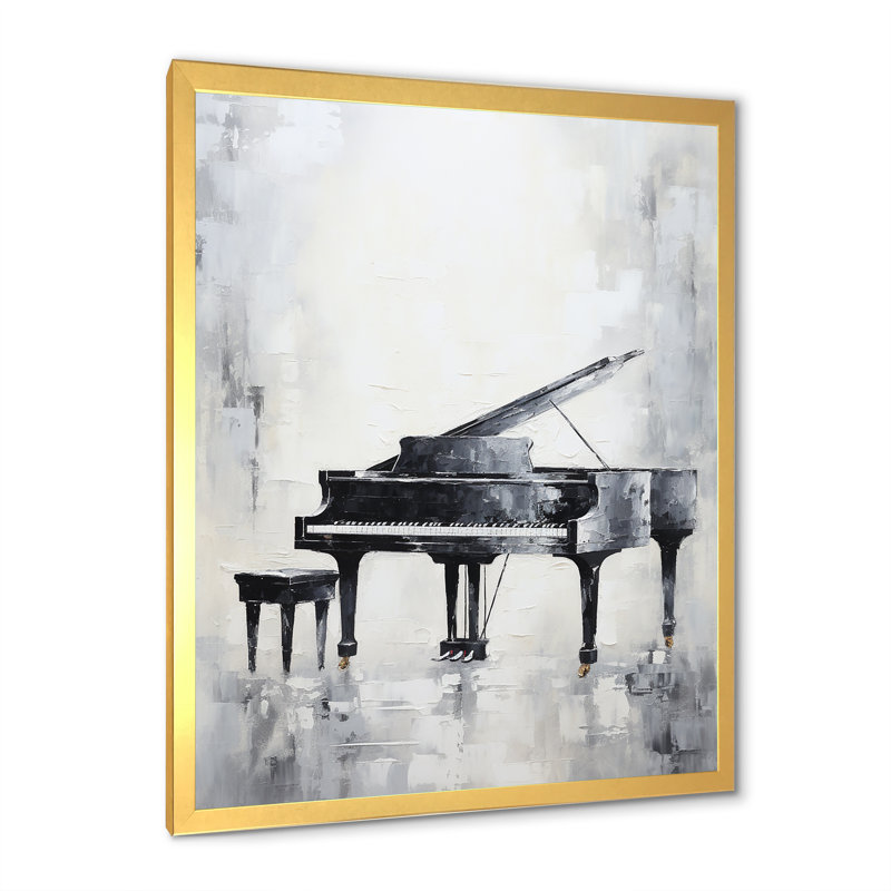 Minimalisme piano minuit noir et blanc III sur toile, Cadre doré simple, H 32 po x l 24 po x P 1 po
