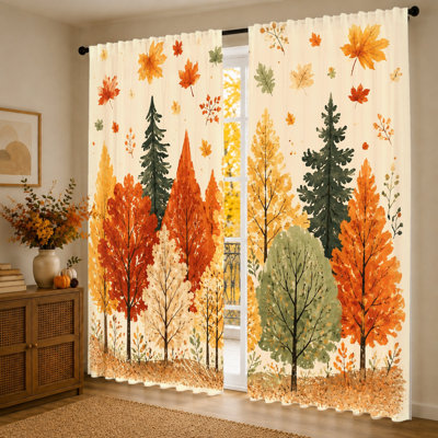 2Pcs Autumn Forest Curtains, Light Filtering Fabric, Watercolor Trees and Falling Leaves Print, Rod Pocket for Living Room, Bedroom, Kitchen Home Decor
