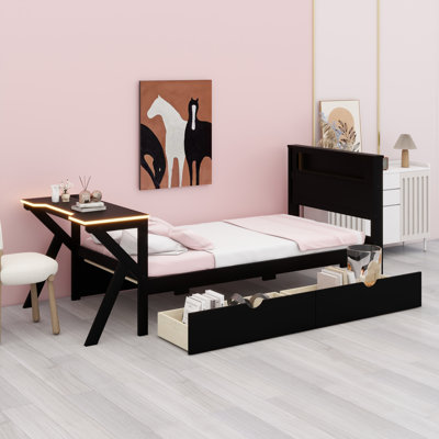 Wooden Gaming Platform Bed With LED Headboard