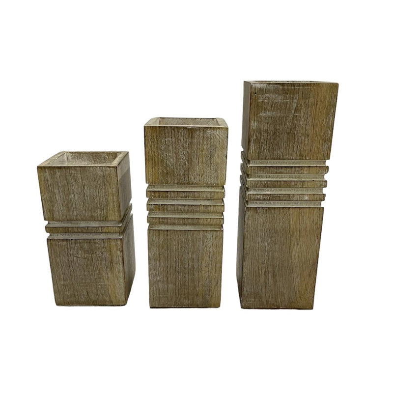 S/3 Cubic Pillar Candleholders - Bleached Wood