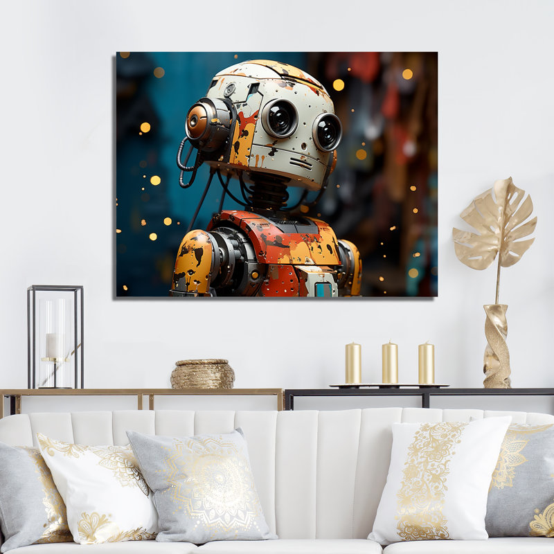 Popart Robot Fusion I - Art mural Pop Art, H 24 po x l 32 po x P 1 po, Toile tendue