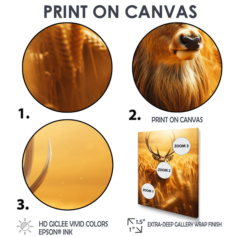 Noble «Dear In Summer Wheatfields», art mural animal cerf, Toile avec cadre brun, H 20 po x l 12 po x P 1 po