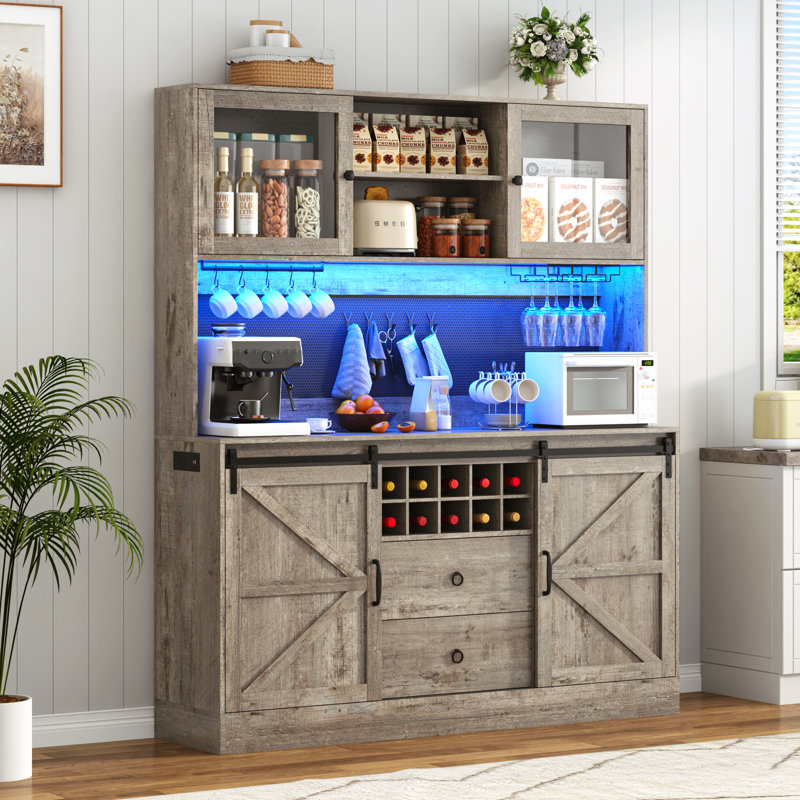 63.05" Bar Cabinet With Outlet, Wine Rack, Drawers And Hook, Oak