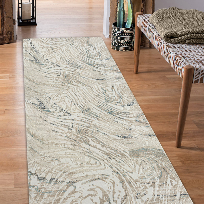 Fradley Performance Modern Abstract Swirl Gray/Ivory/ Blue Rug, Runner 2'8" x 8'