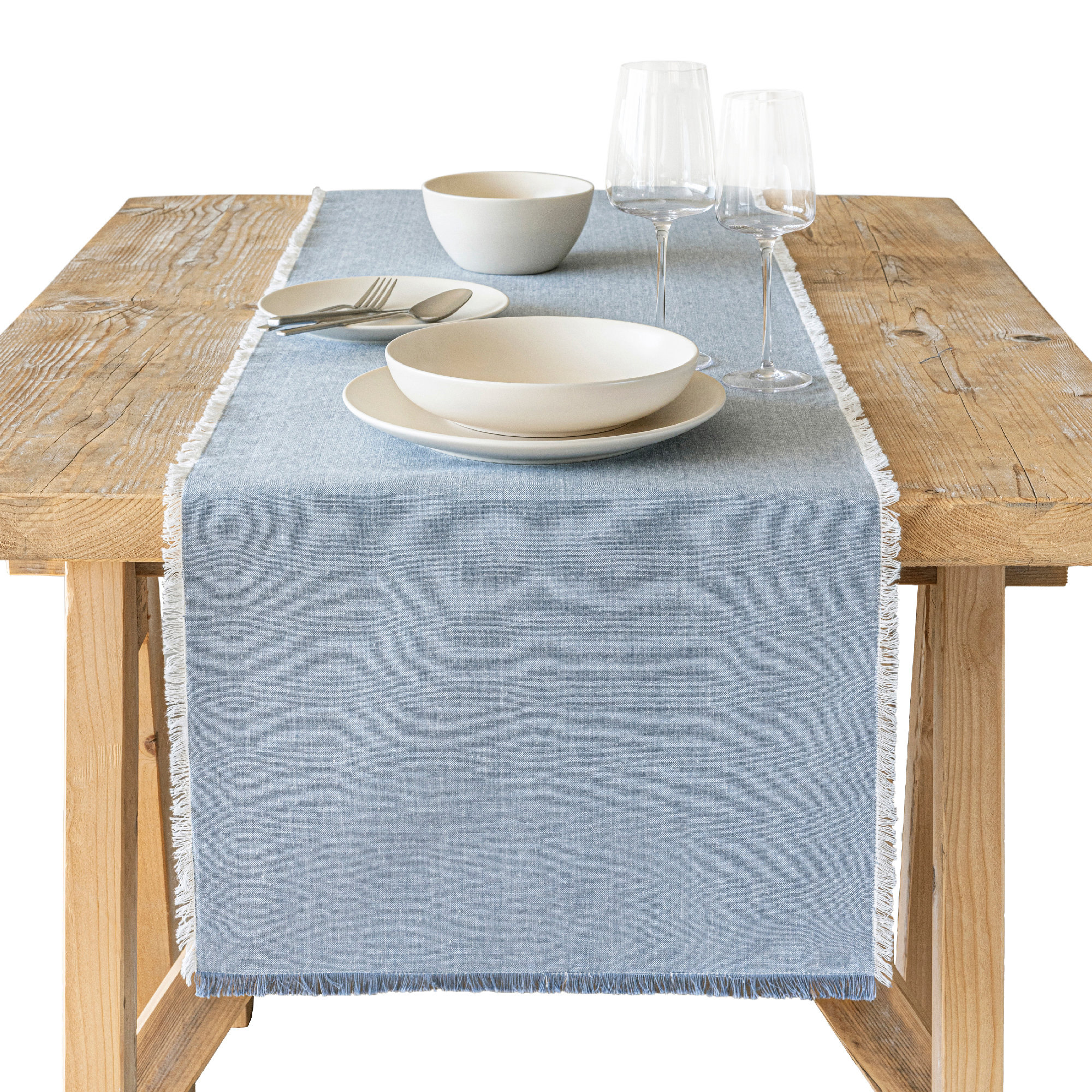 over&back Woven Frayed Chambray Table Runner, 18" W x 108" L, Blue