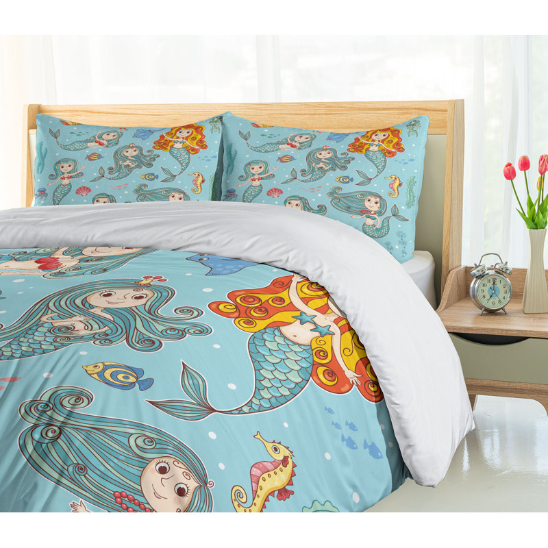 Ensemble de housse de couette Mermaid, Housse de couette pour lit simple + 1 taie décora
