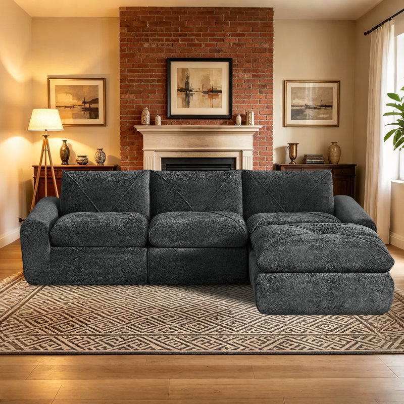 Balendin Boneless Feather Down L-Shaped Sectional Sofa, Apartment Couch with Ottoman,Modular, Gray Linen