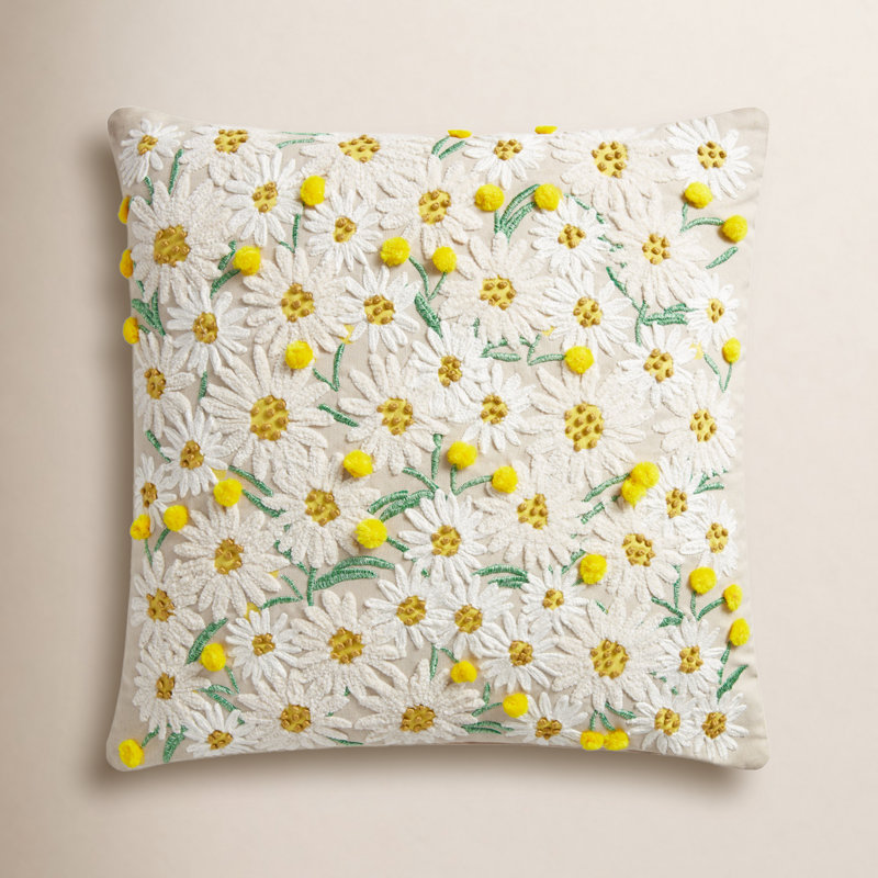 Coussin 18 po x 18 po Daisies Beige Rifle Paper Co. x Loloi PRP0018, Polyester / bourre de polyester