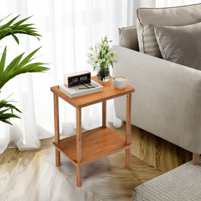 Table de bout en bois à 2 niveaux, table d'appoint d'extérieur avec tablette de rangement, petite table basse de patio, table de bout résistante aux intempéries pour la piscine intérieure extérieure avec balcon, finition teck