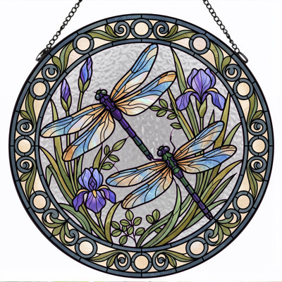Dragonfly Iris Stained Glass Window Panel，12"H