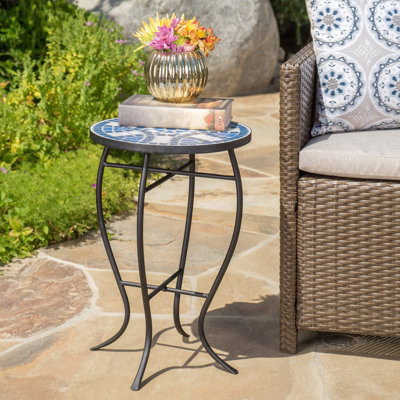 Outdoor Round Side Table With Mosaic-Style Top And Curved Iron Legs, End Table