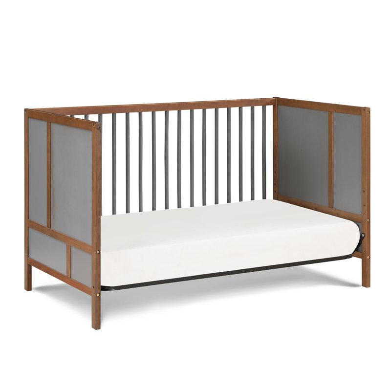 Pixie Finn 3-In-1 Convertible Wood Crib with Round Spindles, Walnut/Charcoal