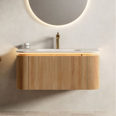 36" Bathroom Vanity&Sink, Floating Curved Edges Striped Cabinet With Drawer, Sensor Light, Travertine-Pattern Sintered Stone Hot-Bent Integrated Basin, Pre-Assembled