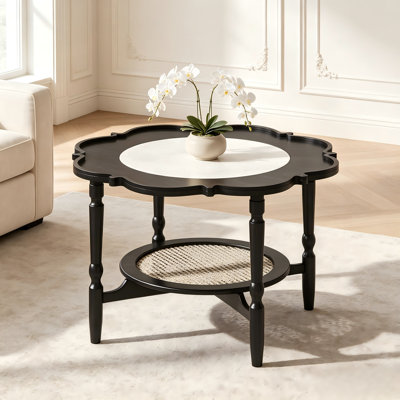 Table basse de style Mid-Century en forme de pétale, 80 cm (31,5 po), noire, à deux niveaux, avec plateau en verre blanc craquelé et étagère en rotin pour salon.