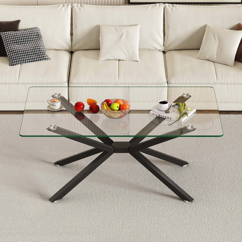 Table basse rectangulaire en verre trempé avec pieds en métal noir (39,37 po), Plateau transparent / base noire
