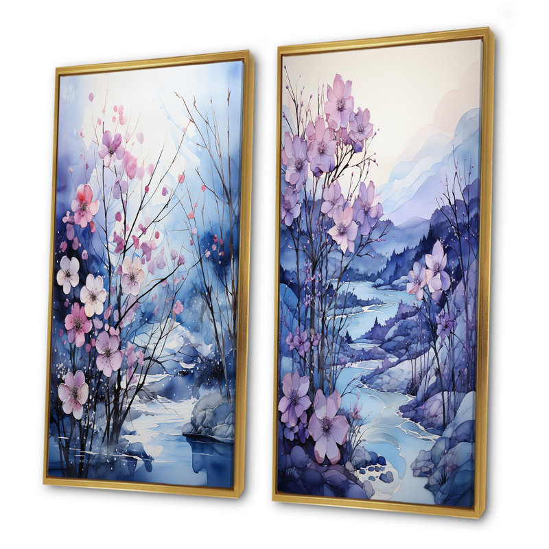 Frosty Blue River Landscape - ensemble de 2 décorations murales paysage, Encadrement doré, H 32 po x l 33 po