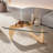Triangle Glass Coffee Table with Wooden Base Clear Glass Top Mid-Century Abstract Glass Table-1057579312