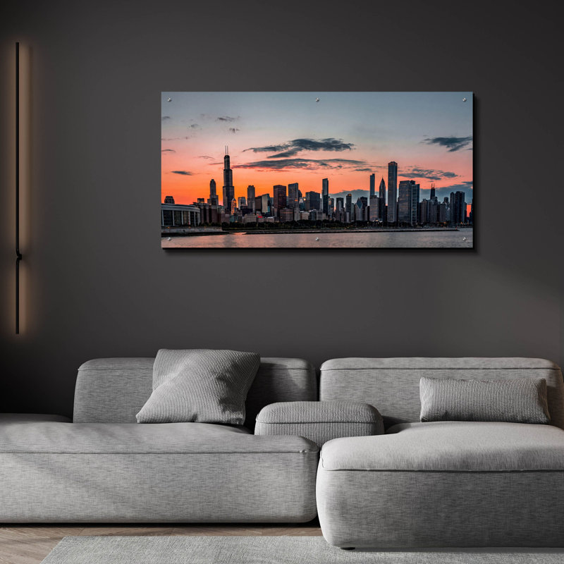 «Chicago Skyline Sunset» par Rich Monet, art mural en verre acrylique, 48 po x 24 po, 48 po x 24 po