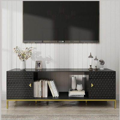 Meuble télé 70 po, meuble multimédia en bois robuste avec rangement et tablettes ouvertes pour le salon, design moderne (noir)
