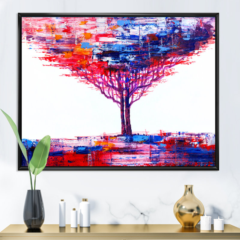 Impressionniste sur un arbre coloré abstrait sur un fond blanc, Toile encadrée noire, H 12 po x l 20 po x p 1 po