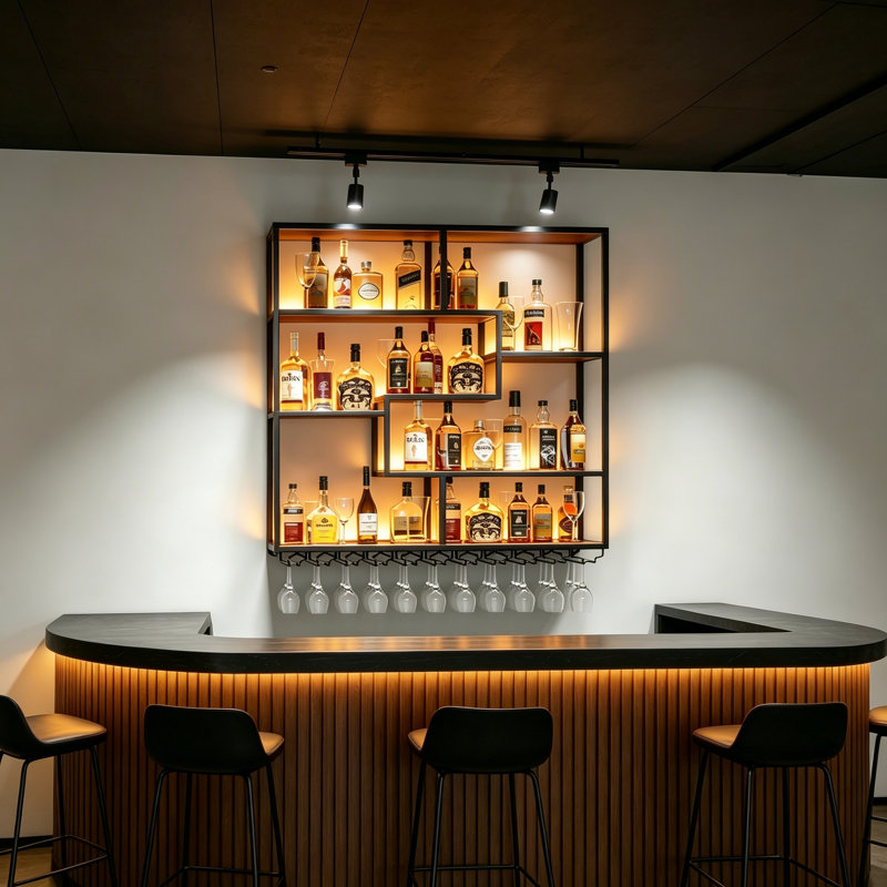 Modern Rectangular Black Metal Wine Rack (LED Light Not Included)