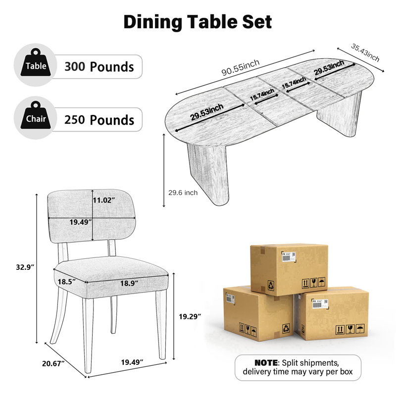 Modern Farmhouse 59.06" to 90.55" Wood Extendable Dining Table Set For Dining Room Kitchen, Oak, 5 Pieces: Table, 4 Chairs