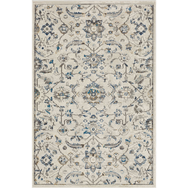 Margarida Blue Floral Ornamental Area Rug, Rectangle 7'10" x 10'