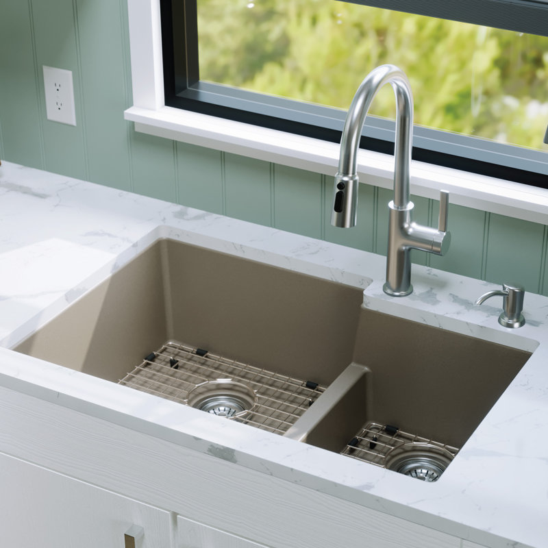 Karran Quartz 32'' X 21-1/4'' Double Bowl 60/40 Undermount Kitchen Sink Kit, Concrete