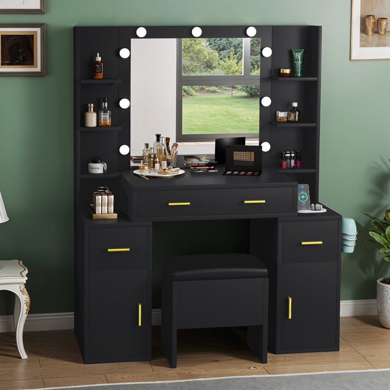 Tabouret de coiffeuse moderne avec miroir rectangulaire, tiroirs et prises de courant USB, Noir, noir, noir, noir