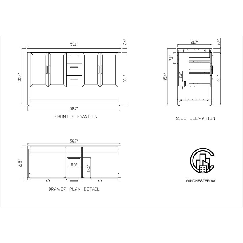 Winchester 60” W Double Vanity, Black, Forest Green