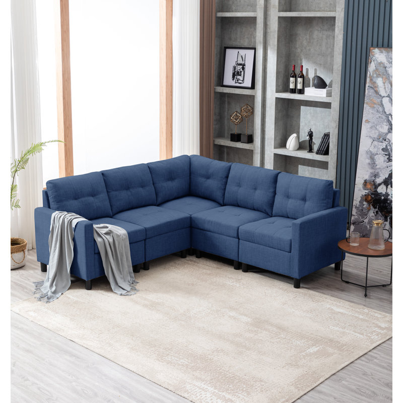 Canapé modulaire de coin rembourré Kentrell pour petit espace de vie, Lin bleu