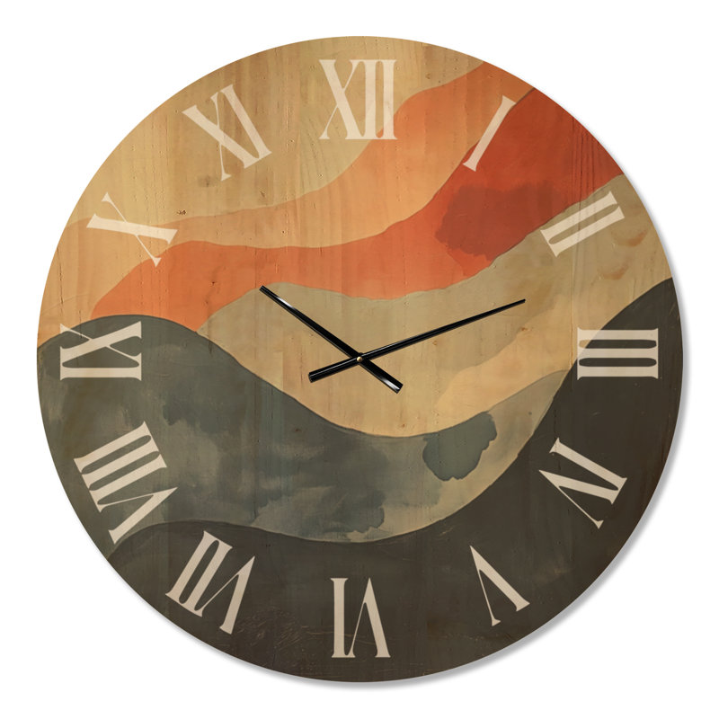 Horloge murale surdimensionnée orange bohème « Collines balayées par le vent I », imprimée sur bois, Très grand