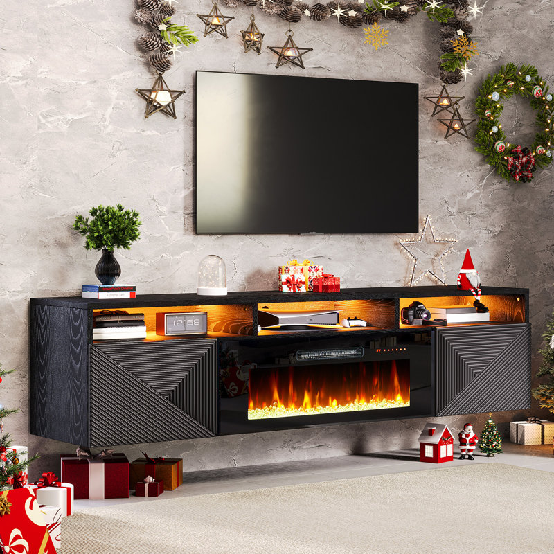 Bhhatu Modern Floating 80" Fireplace TV Stand with Storage & High Gloss Geometric Doors, Black, Black, 80"