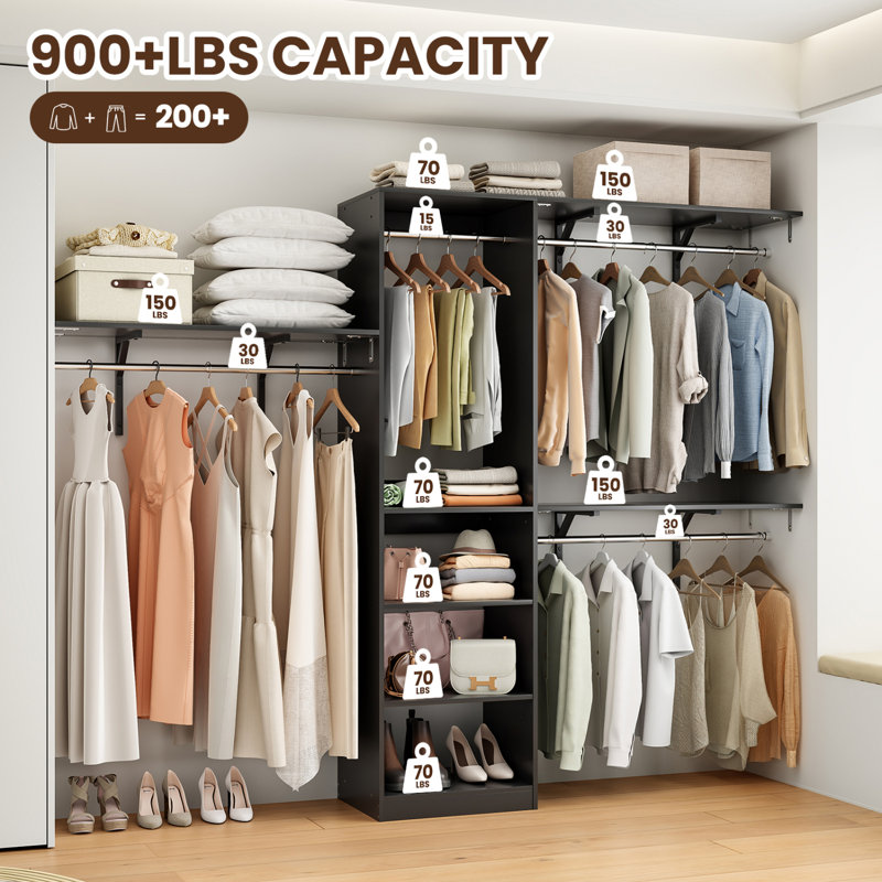 Système d'organisation de placard autoportant robuste avec tablettes réglables et tringles de suspension pour des solutions de rangement de garde-robe dans des espaces de 8 pieds