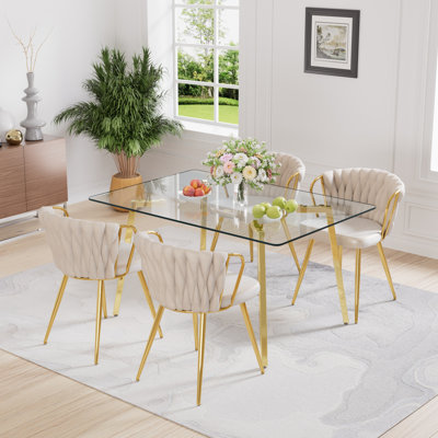Rectangle Glass Dining Table Set with Velvet Dining Chair