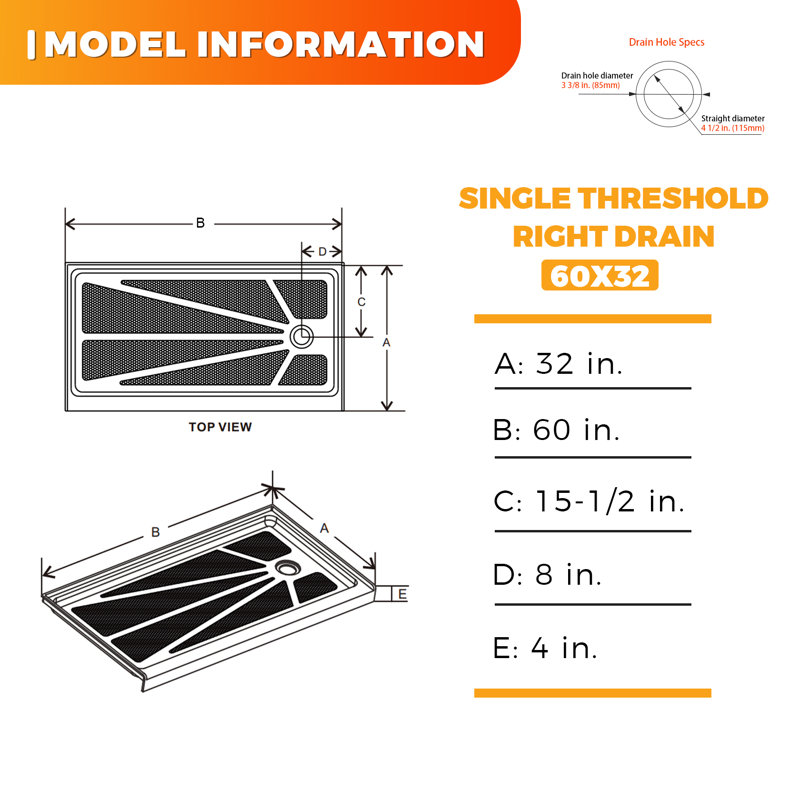 60" x 32" Rectangular Acrylic Shower Base with Right Drain - Triple Flange Alcove Shower Pan with Slip-Resistant Floor, White