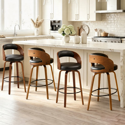 26" Modern Swivel Counter Stool with Bentwood Frame Leather Upholstery