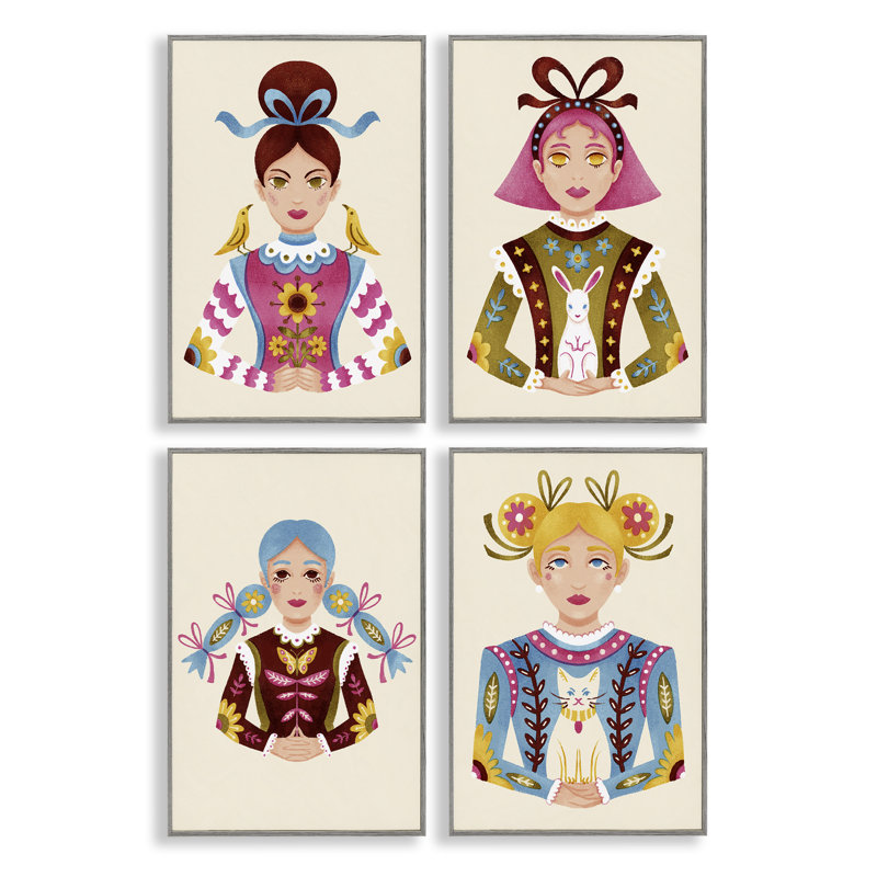 "Floral Folk Women Portraits", ensemble de 4 giclées encadrées, design par Hannah Moren, H 18 po x l 12 po