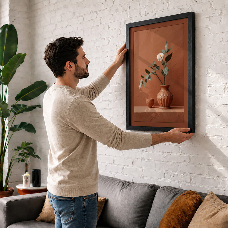 Single Branch in Terracotta Minimalist - Framed Print, Walnut, A1 - 84.1 x 59.4 cm