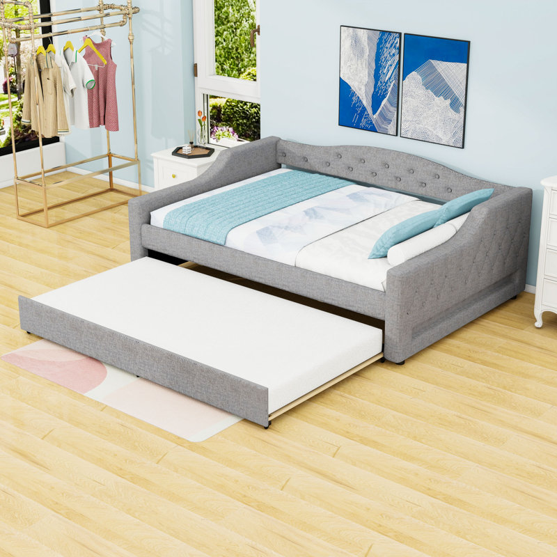 Lit de jour rembourré en lin double TG avec éclairage coloré à DEL et gigogne gigogne simple TG, Double XL, Gris