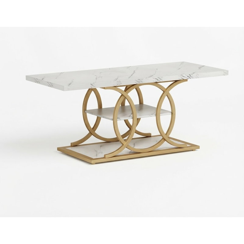 Table basse rustique moderne avec rangement, table basse à 3 niveaux en faux marbre, motif pleine lune, blanc et or