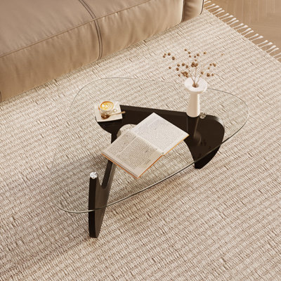 Triangle Tempered Glass Top Coffee Table with Wood Base, 42.5" W x 28.5" D x 16.1" H