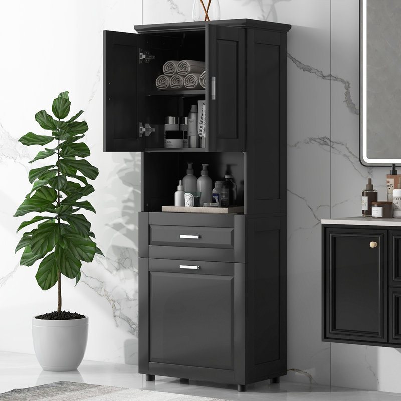 Grande armoire de salle de bain avec panier à linge, Noir
